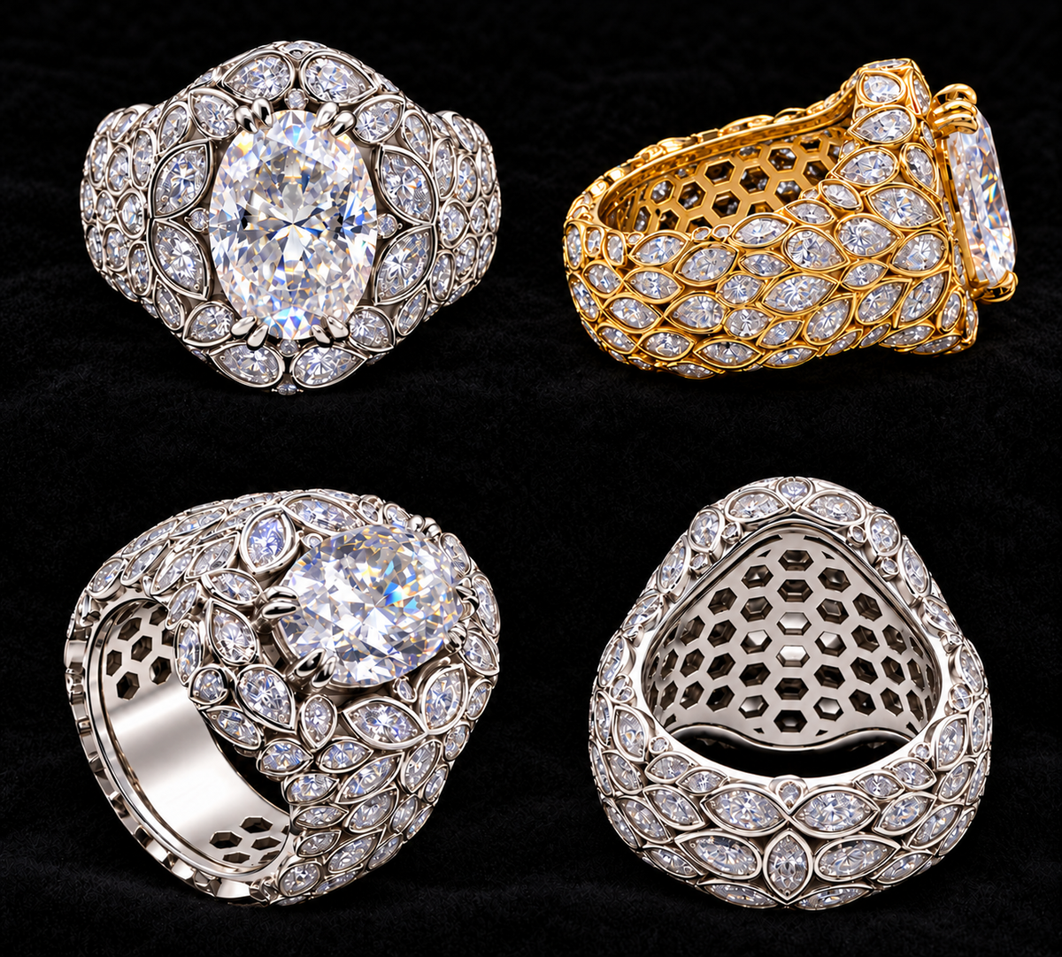 Round Center Petal-Setting Moissanite Ring sharply focused on black velvet