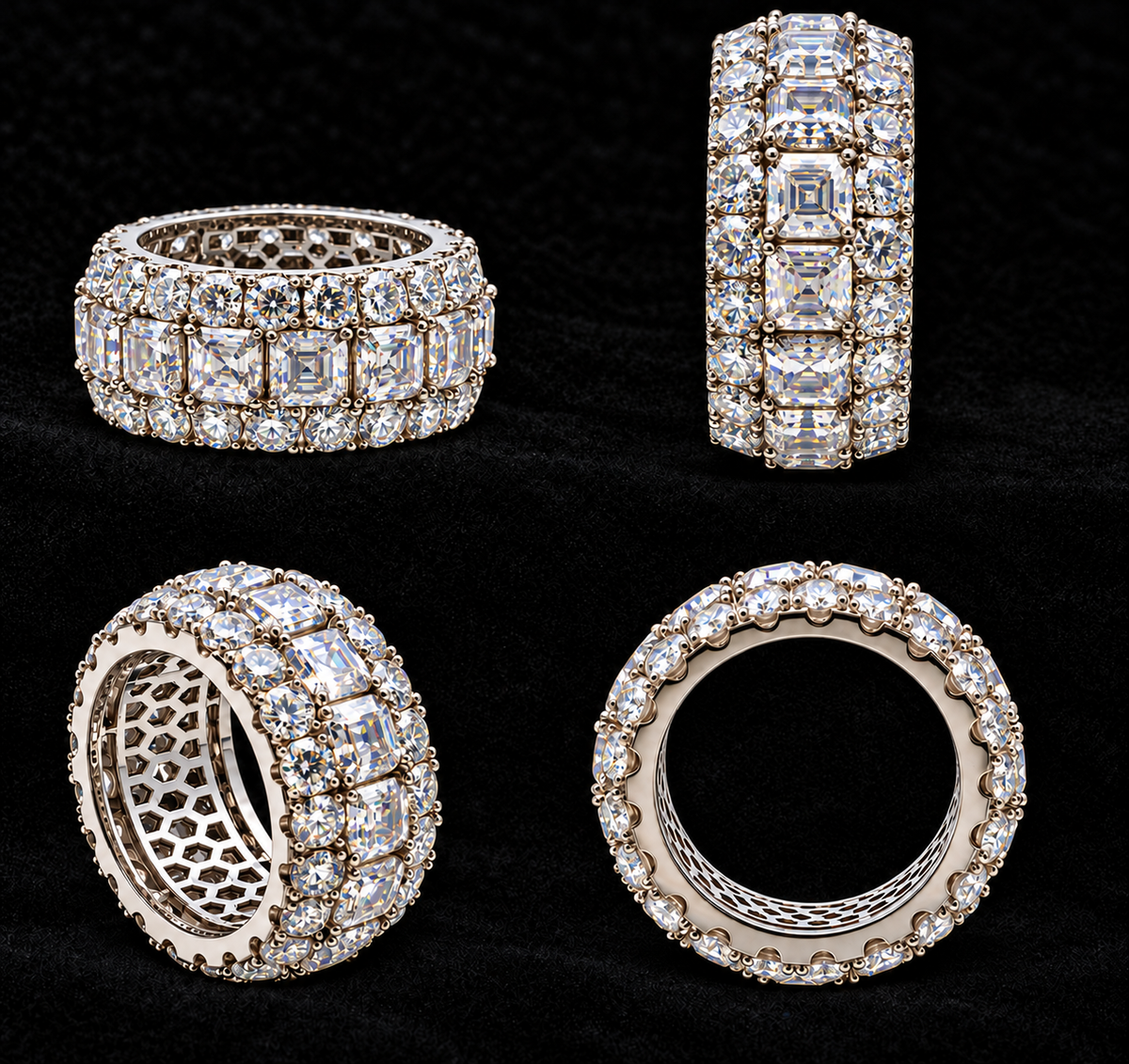 Wide Cluster Moissanite Band sharply focused on black velvet