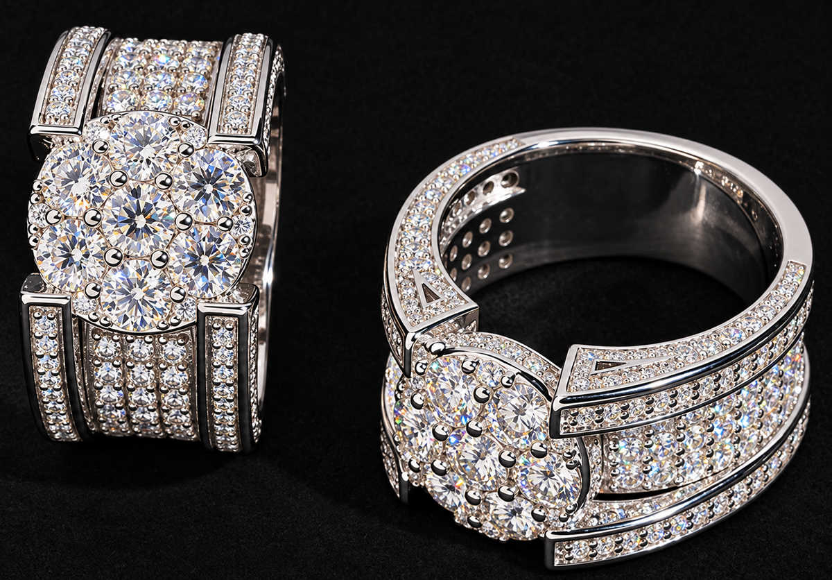 Round Cluster Shoulder-Band Moissanite Ring sharply focused on black velvet
