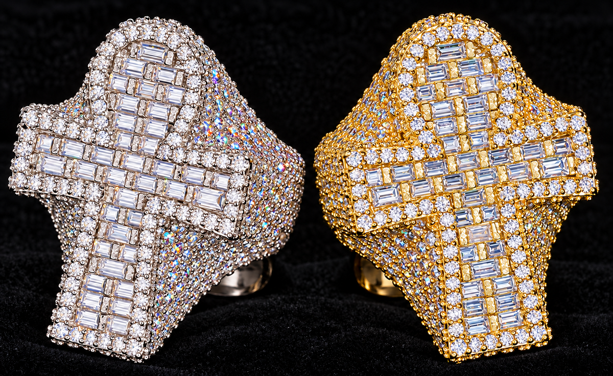 Cross Mosaic Moissanite Ring sharply focused on black velvet