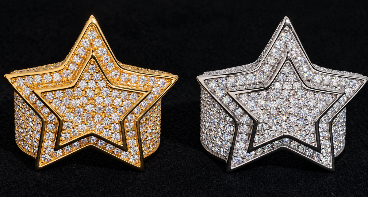 Outlined Star Moissanite Ring sharply focused on black velvet