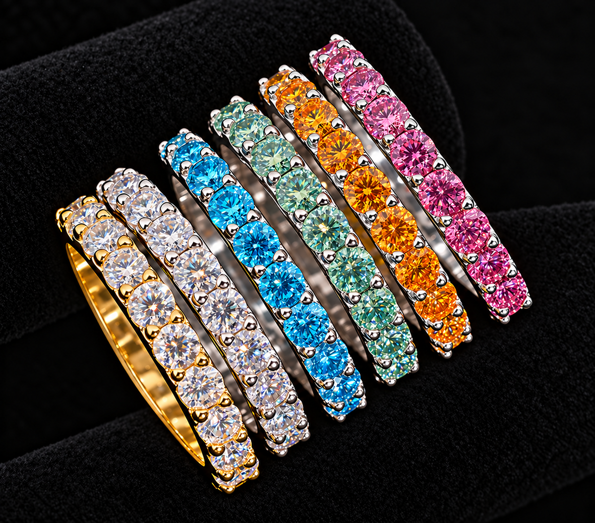 Moissanite Color Band sharply focused on black velvet