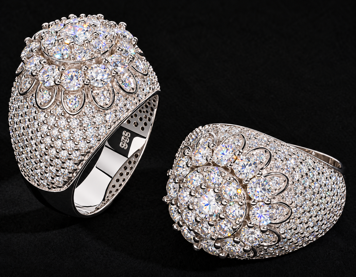 Petal Halo Statement Moissanite Ring sharply focused on black velvet