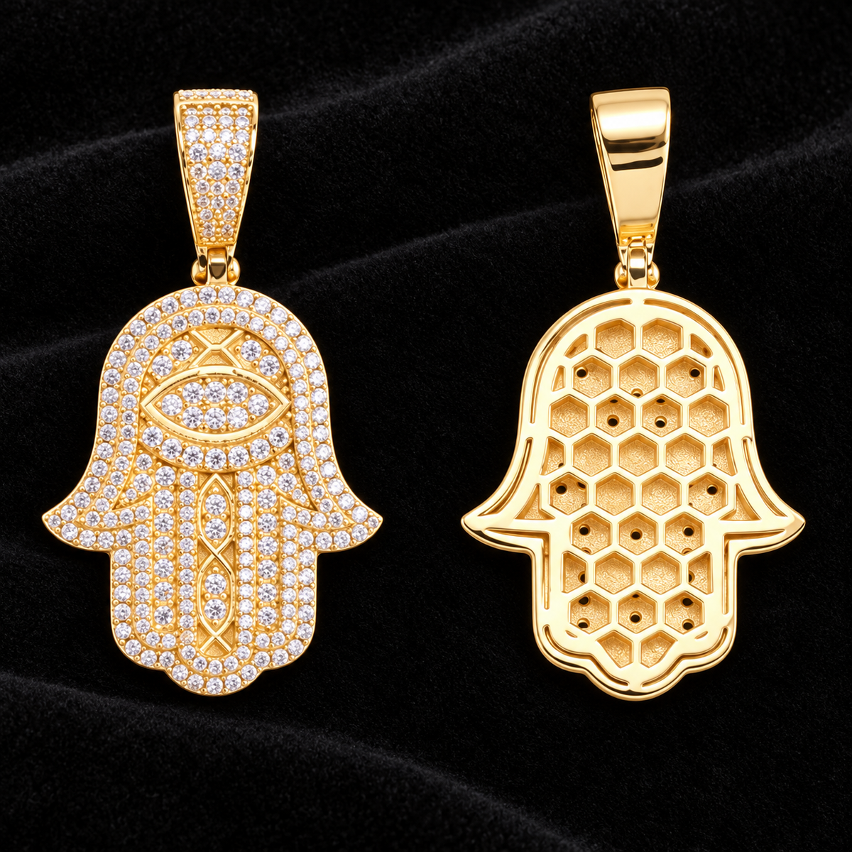 Outlined Eye Hamsa Moissanite Pendant — actual product views on a black velvet background