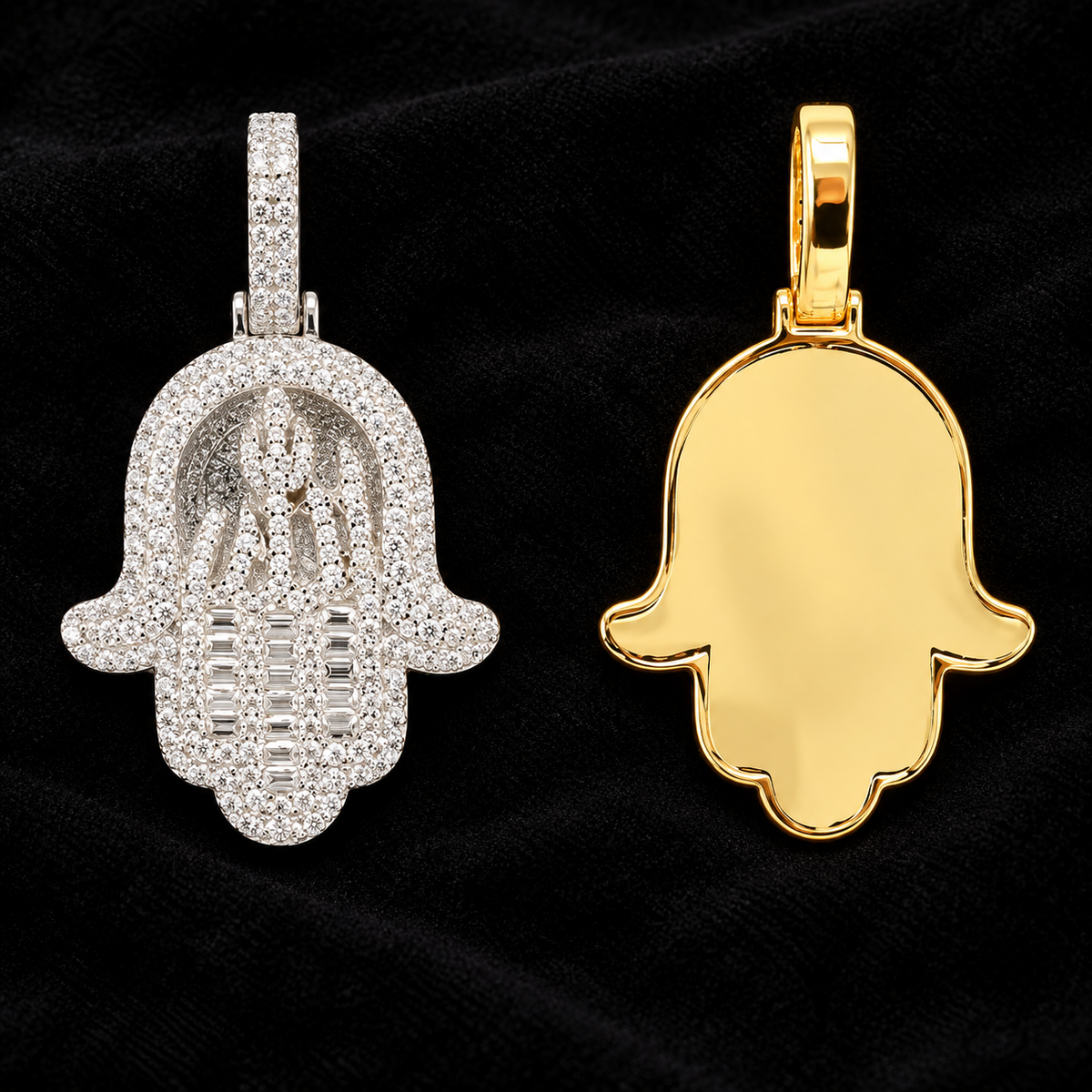 Raised Motif Hamsa Moissanite Pendant — supplied product views on black velvet