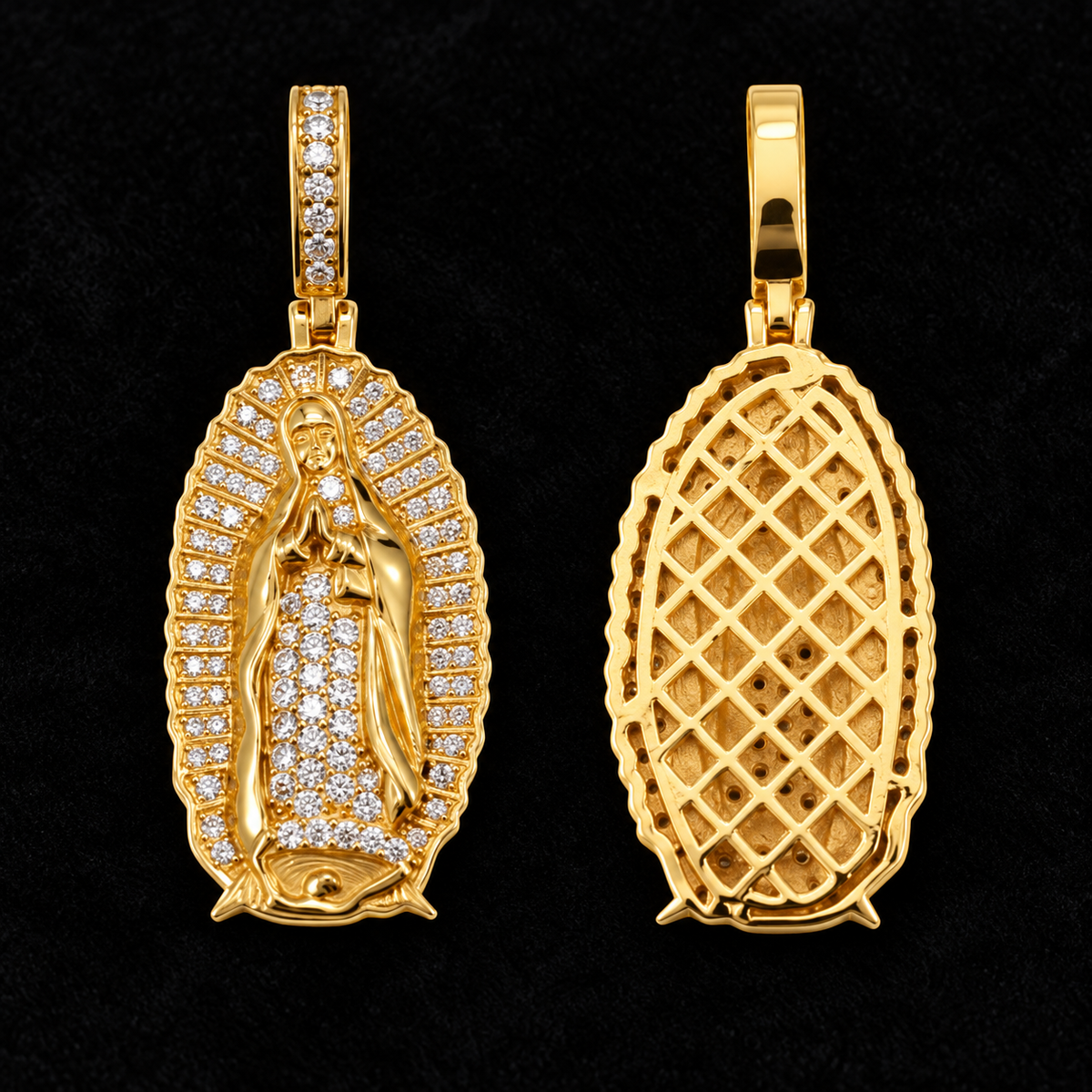 Arched Devotional Moissanite Pendant — supplied product views on black velvet