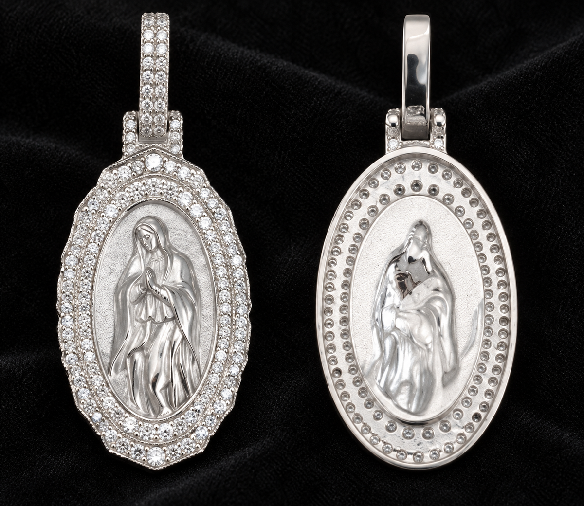 Oval Devotional Moissanite Pendant on black velvet, original product views and finishes