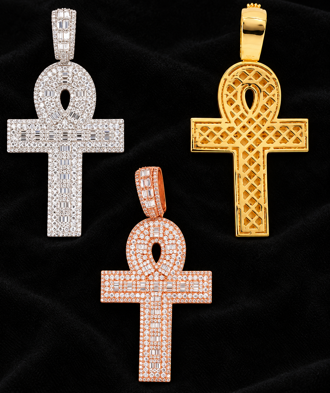 Ankh Moissanite Pendant on black velvet, original product views and finishes