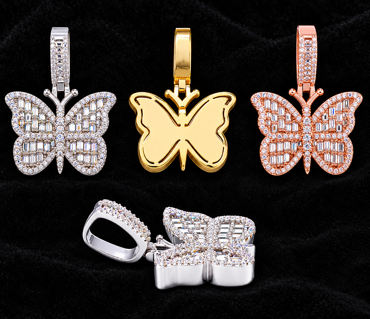 Outlined Butterfly Moissanite Pendant on black velvet, original product views and finishes