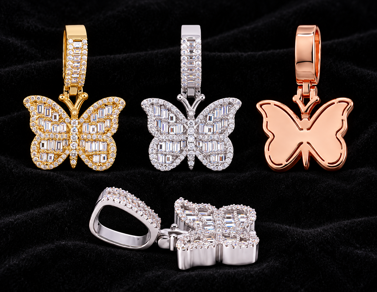 Mosaic Butterfly Moissanite Pendant on black velvet, original product views and finishes