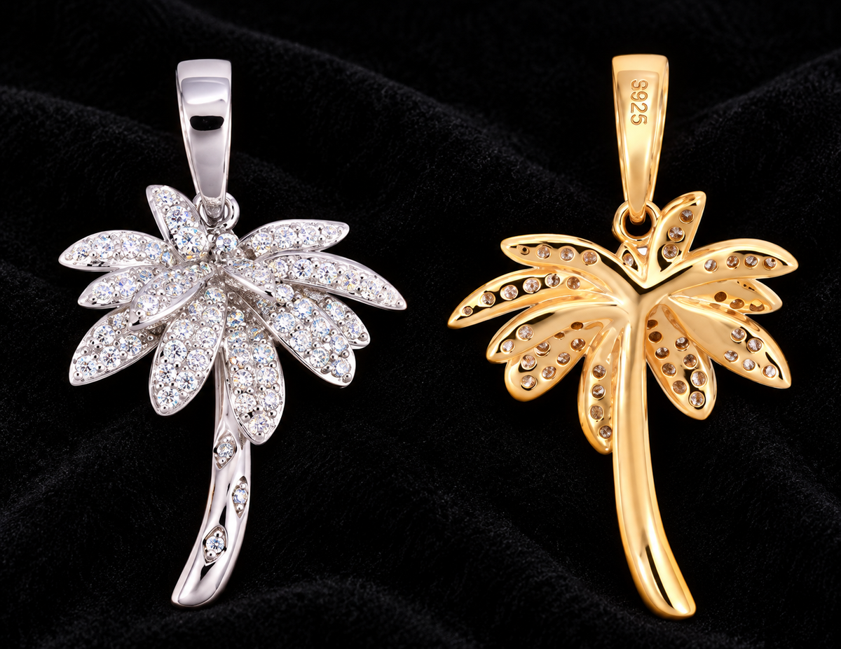 Palm Tree Moissanite Pendant on black velvet, original product views and finishes
