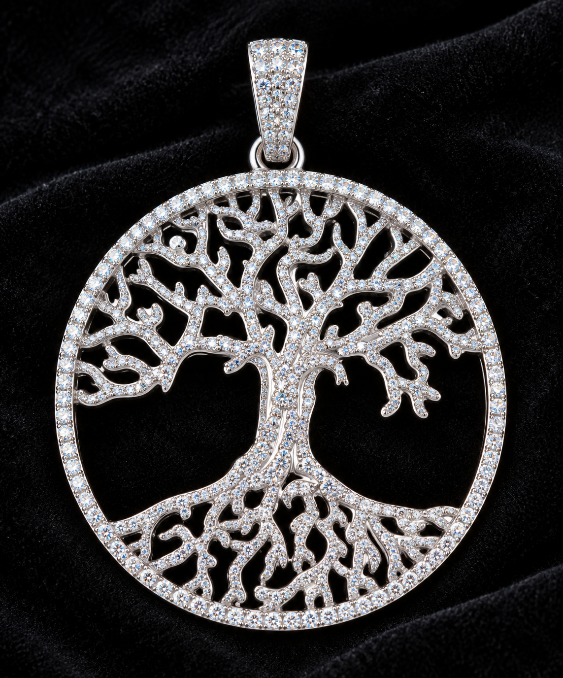 Tree of Life Moissanite Pendant on black velvet, original product views and finishes