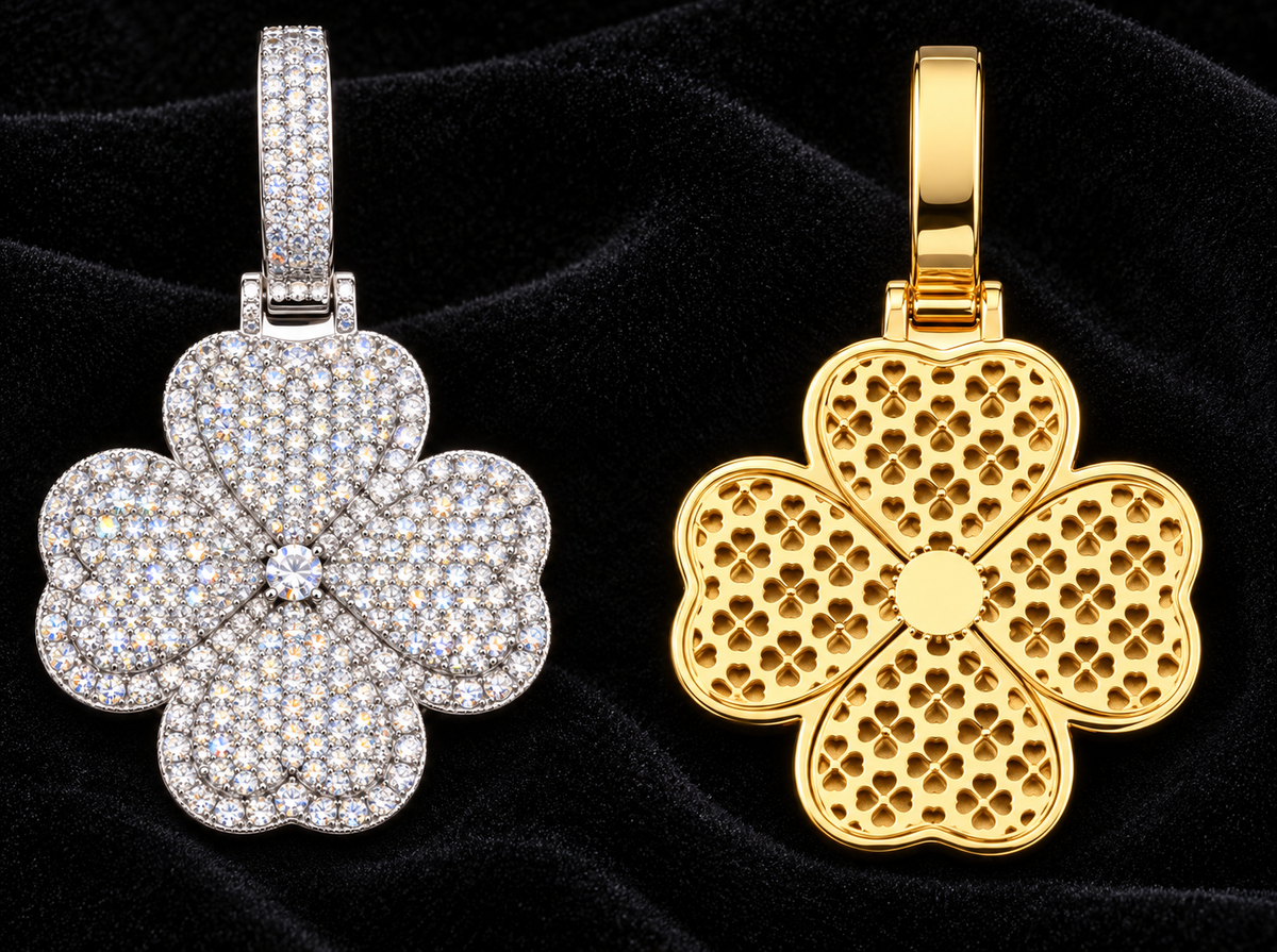 Four-Petal Moissanite Pendant on black velvet, original product views and finishes