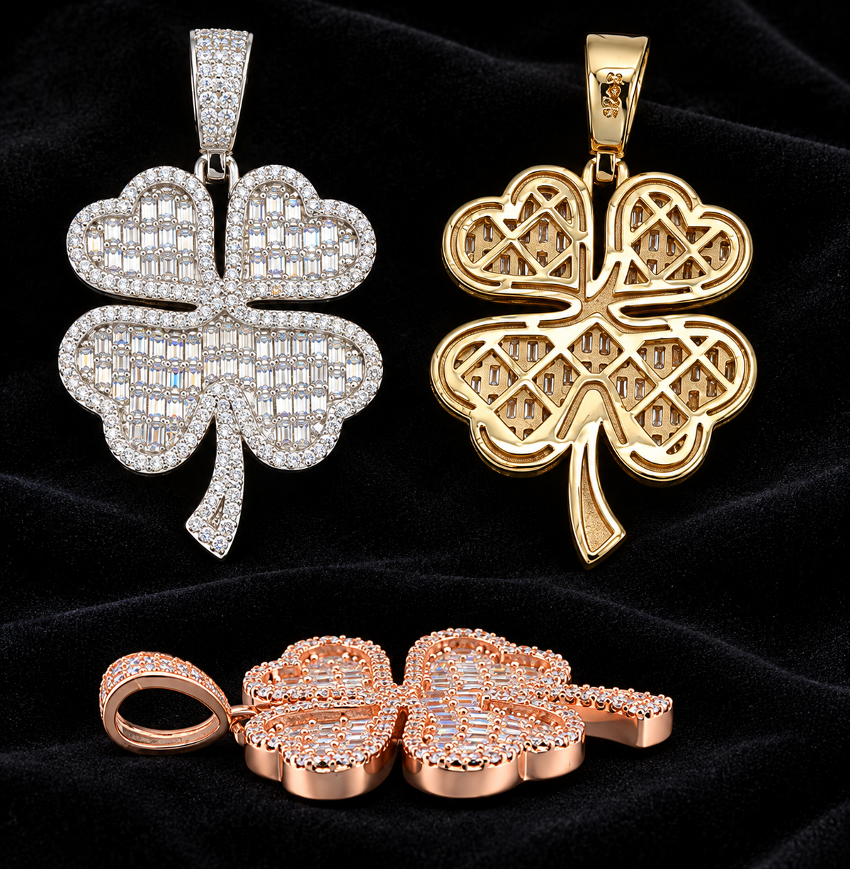 Open Clover Moissanite Pendant on black velvet, original product views and finishes