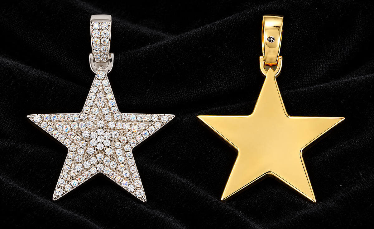 Five-Point Star Moissanite Pendant on black velvet, original product views and finishes
