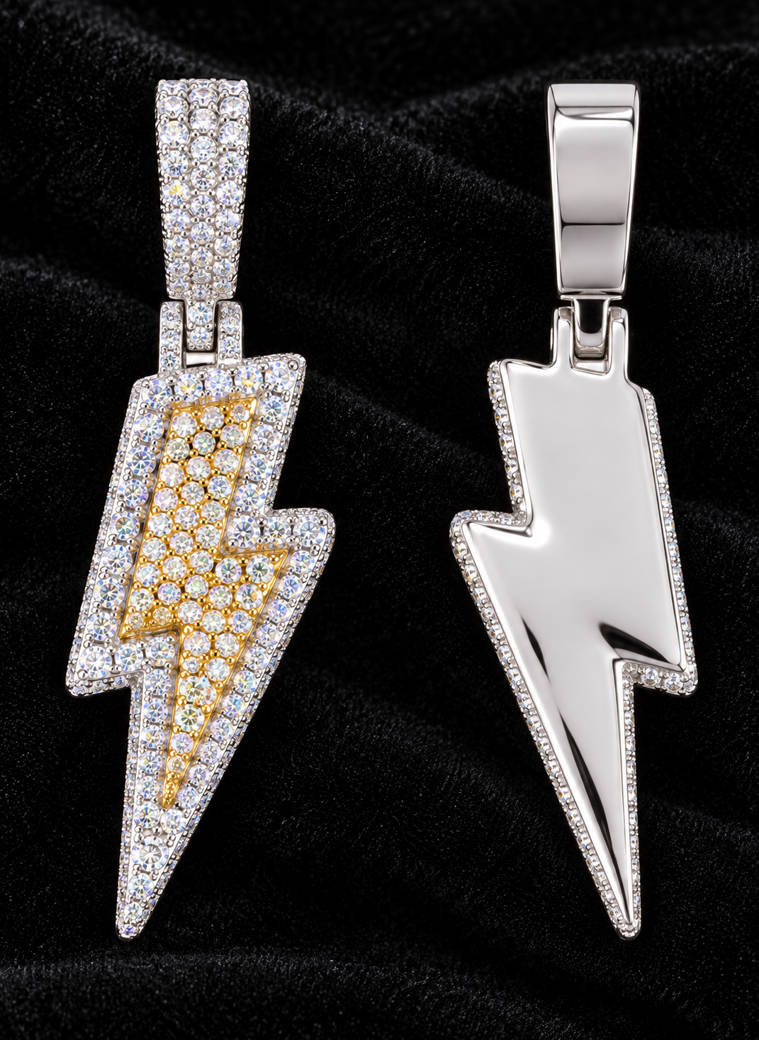 Lightning Bolt Moissanite Pendant on black velvet, original product views and finishes