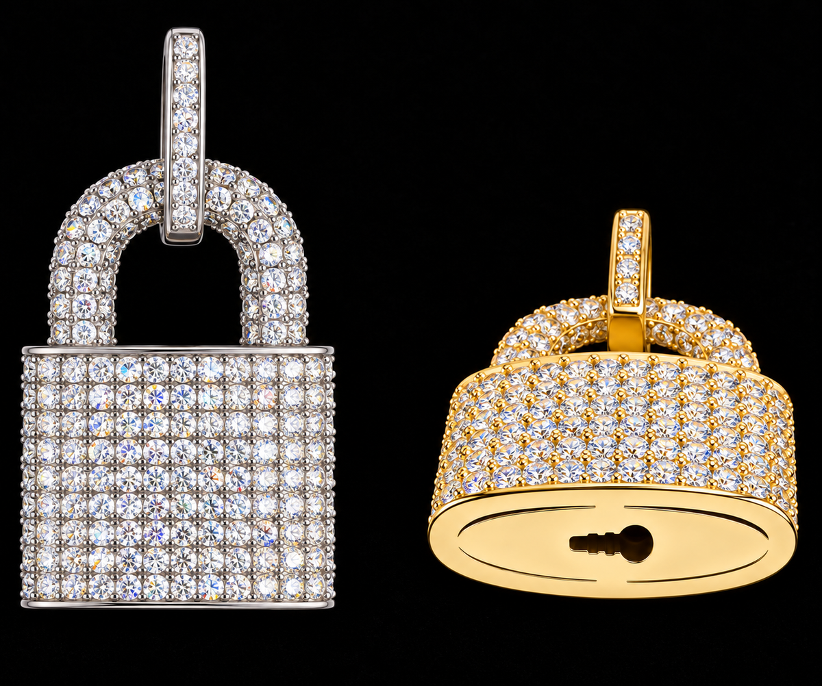 Padlock Moissanite Pendant on black velvet, original product views and finishes