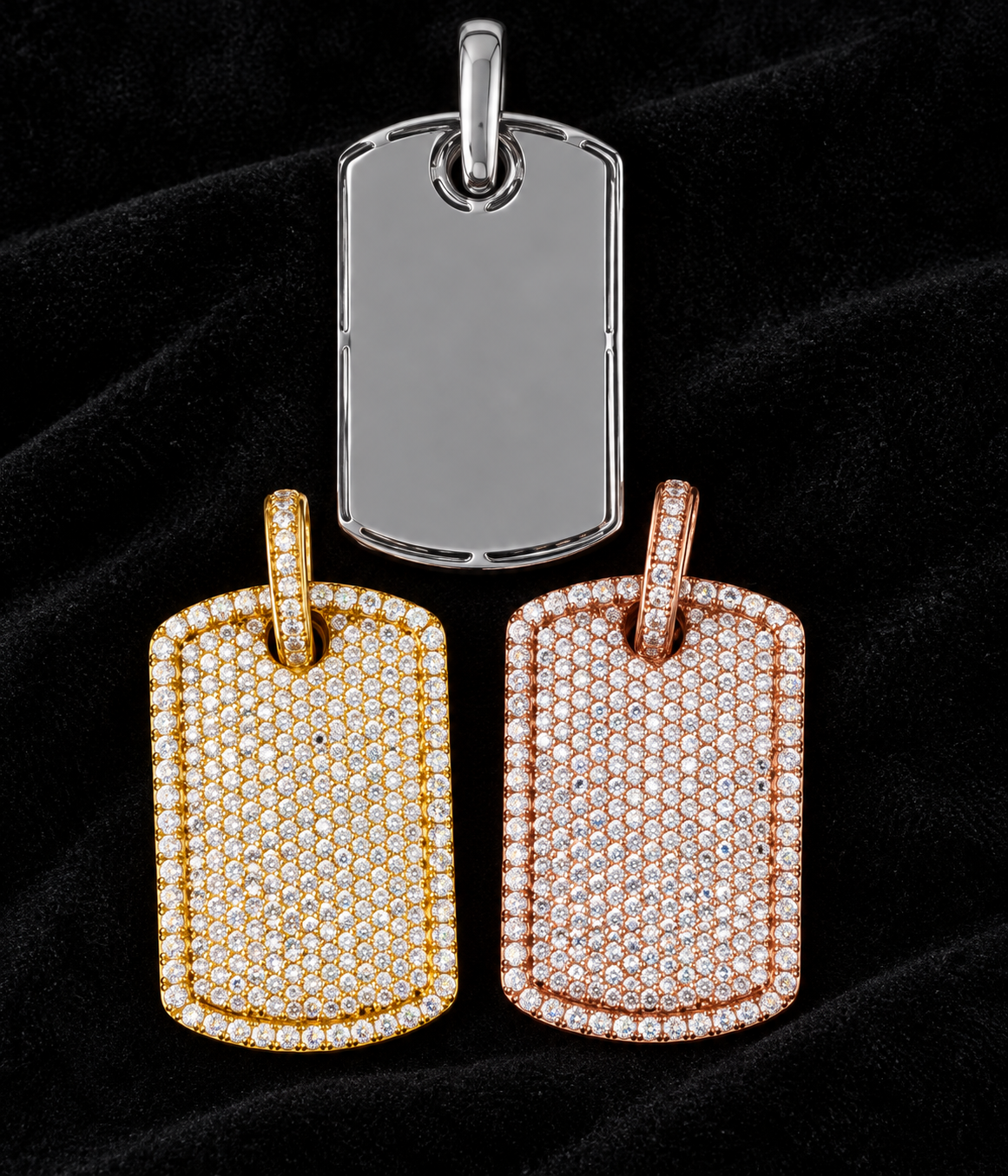 Rounded Tag Moissanite Pendant on black velvet, original product views and finishes