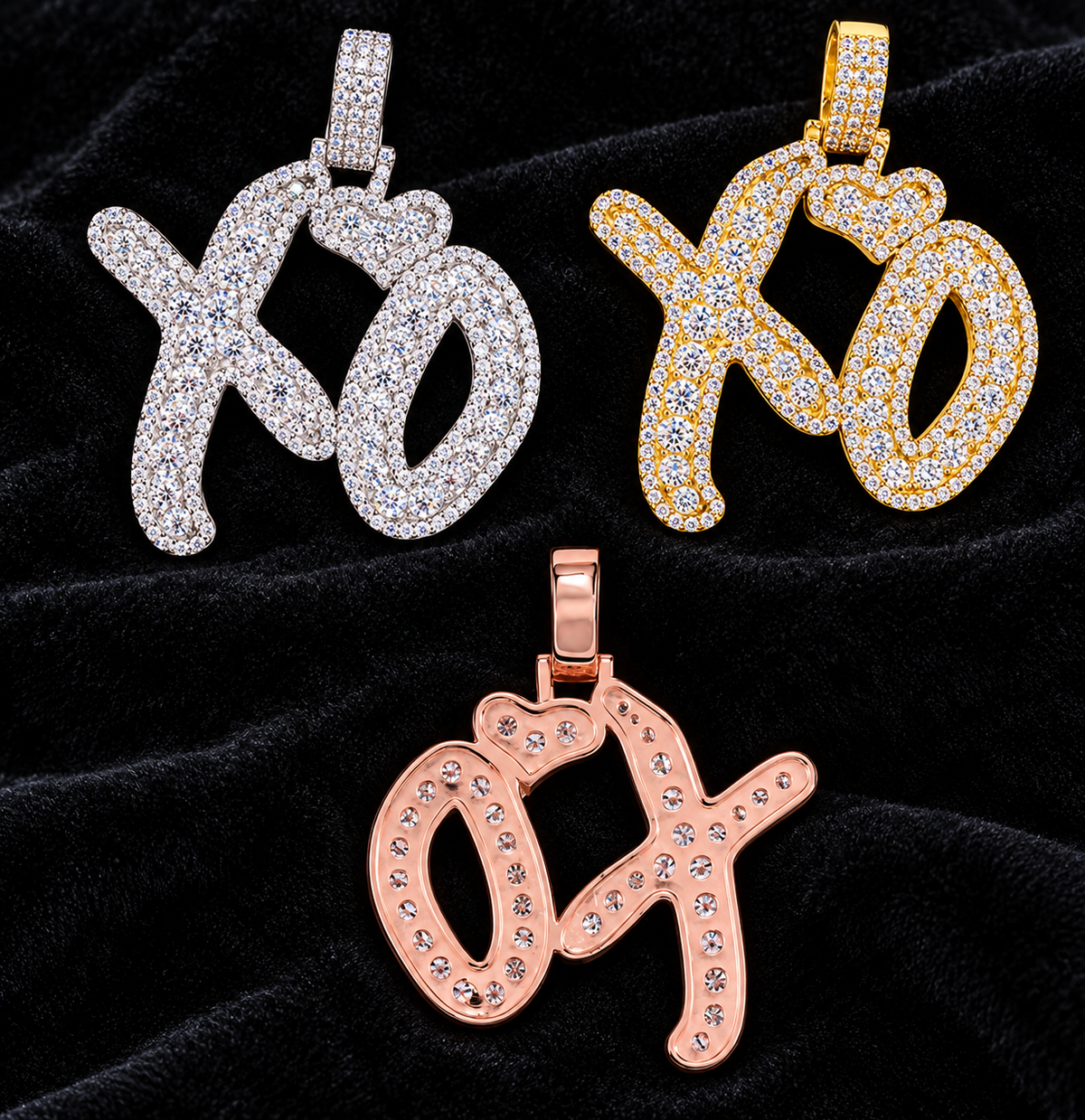 XO Heart Moissanite Pendant on black velvet, original product views and finishes