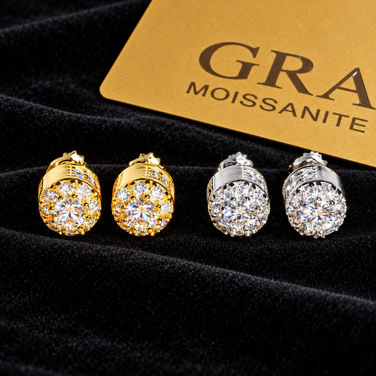 Round Cluster Moissanite Stud Earrings with GRA card in the background