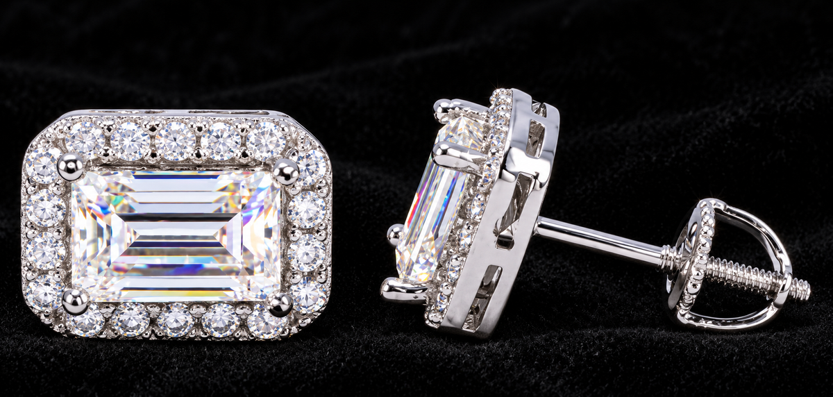 Rectangular Halo Moissanite Stud Earrings on black velvet, original product views and finishes