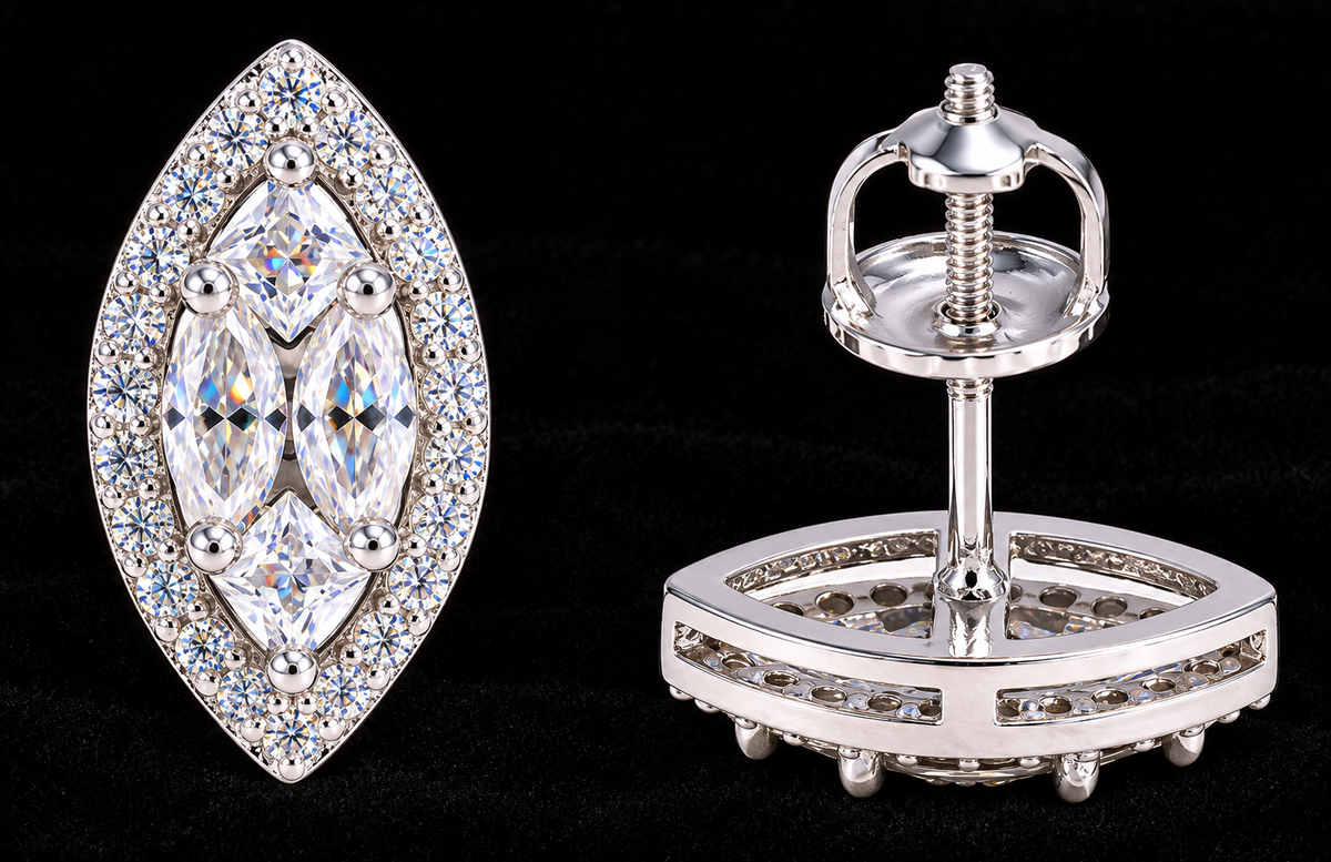 Marquise Halo Moissanite Stud Earrings on black velvet, original product views and finishes