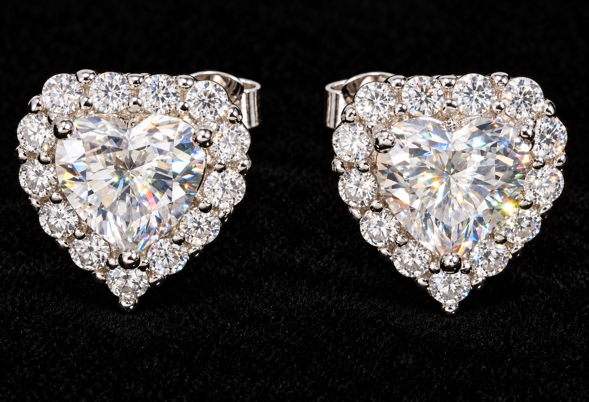 Heart Halo Moissanite Stud Earrings on black velvet, original product views and finishes