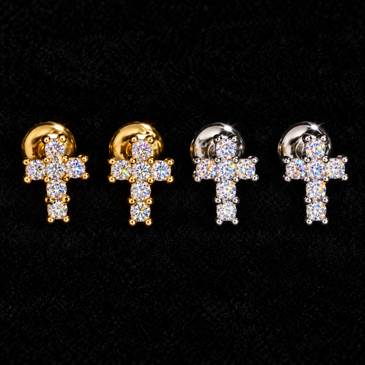Cross Cluster Moissanite Stud Earrings on black velvet, original product views and finishes