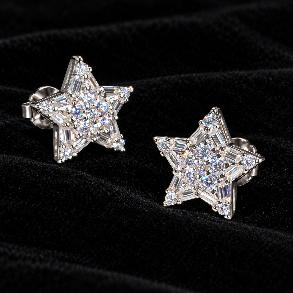 Star Cluster Moissanite Stud Earrings on black velvet, original product views and finishes