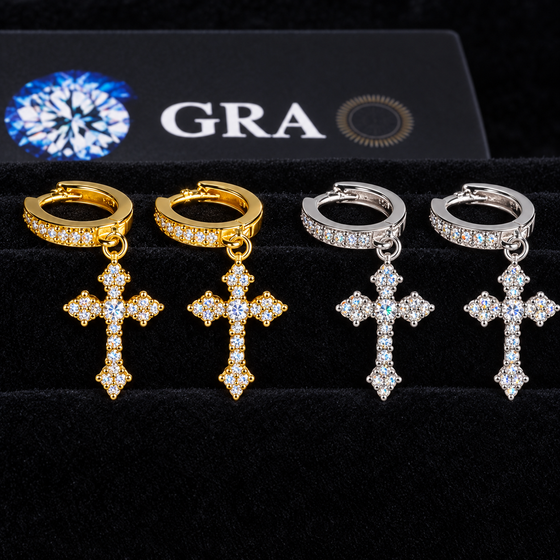 Cross Moissanite Drop Earrings with GRA card in the background