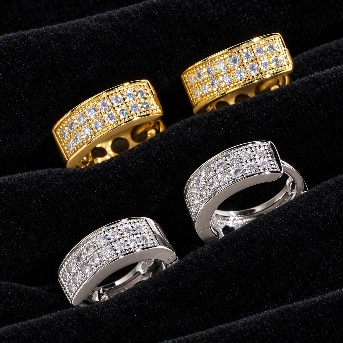 Pave Moissanite Huggie Hoop Earrings on black velvet, original product views and finishes