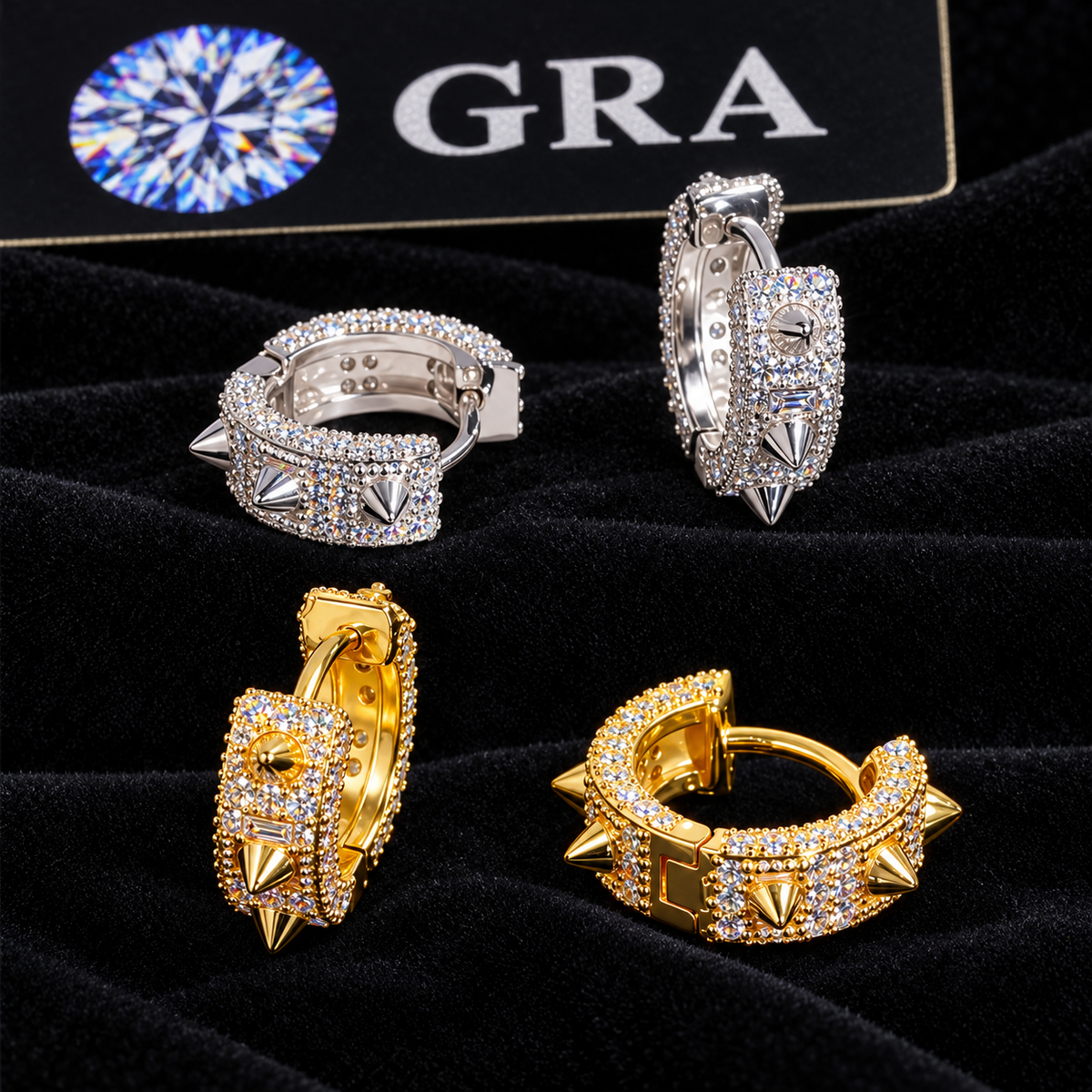 Spike Moissanite Hoop Earrings with GRA card in the background
