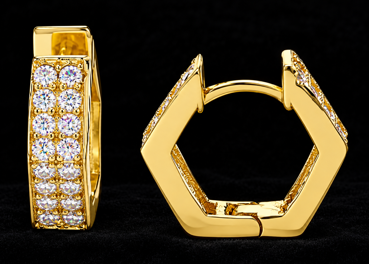 Hexagon Moissanite Hoop Earrings on black velvet, original product views and finishes