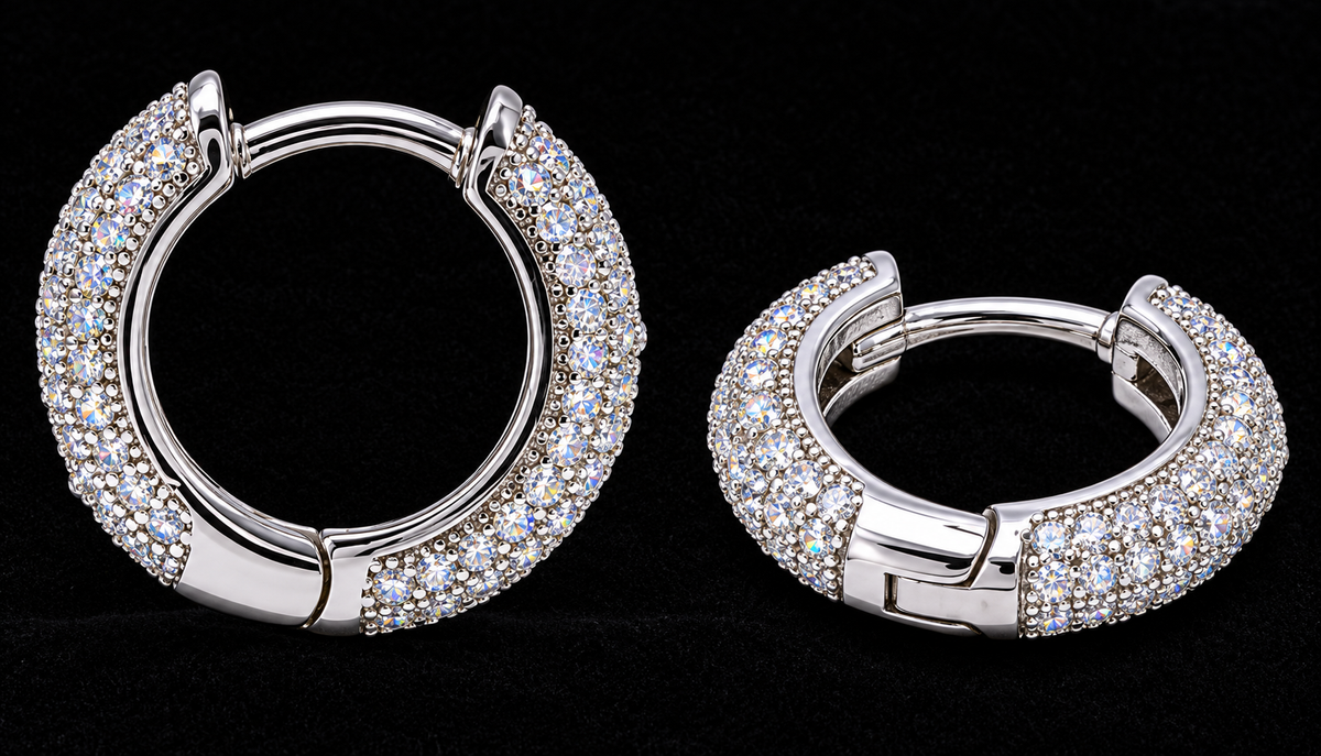 Pave Moissanite Hoop Earrings on black velvet, original product views and finishes