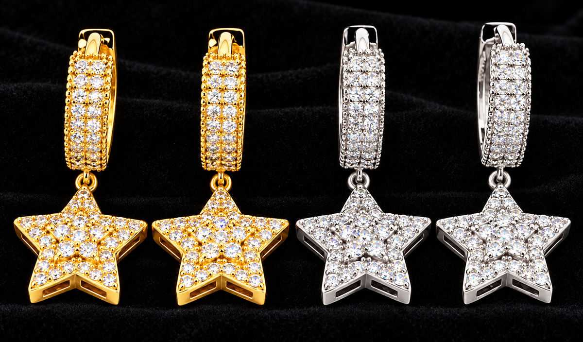 Star Moissanite Drop Earrings on black velvet, original product views and finishes