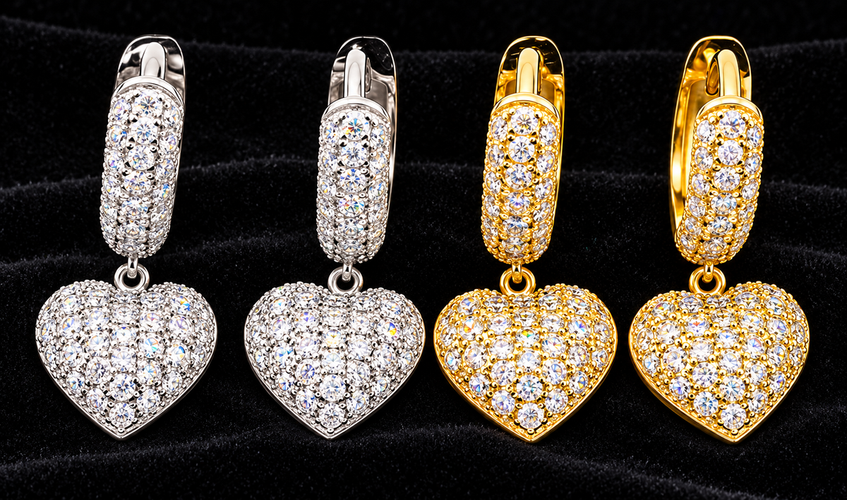 Heart Moissanite Drop Earrings on black velvet, original product views and finishes