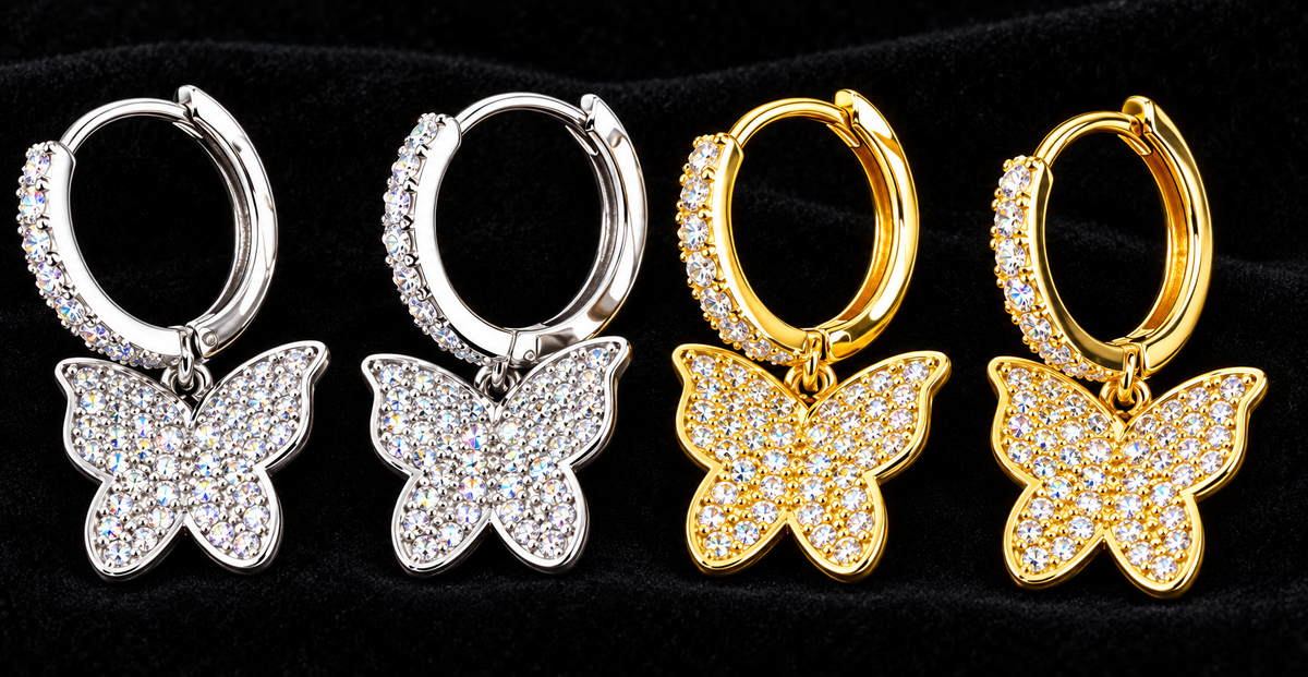 Butterfly Moissanite Drop Earrings on black velvet, original product views and finishes
