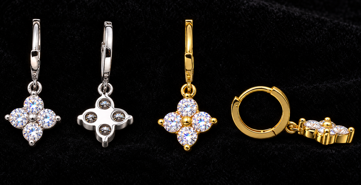 Four-Petal Moissanite Drop Earrings on black velvet, original product views and finishes