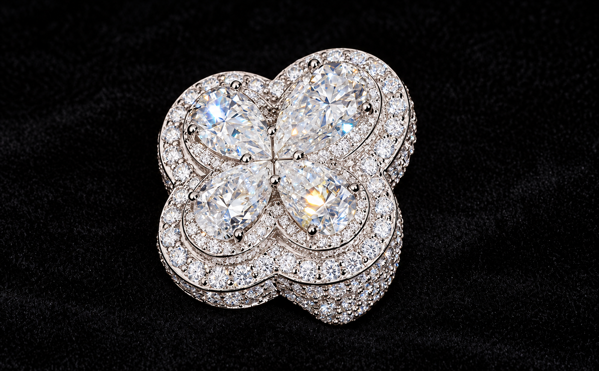 Four-Stone Clover Moissanite Ring on black velvet with clear stone detail