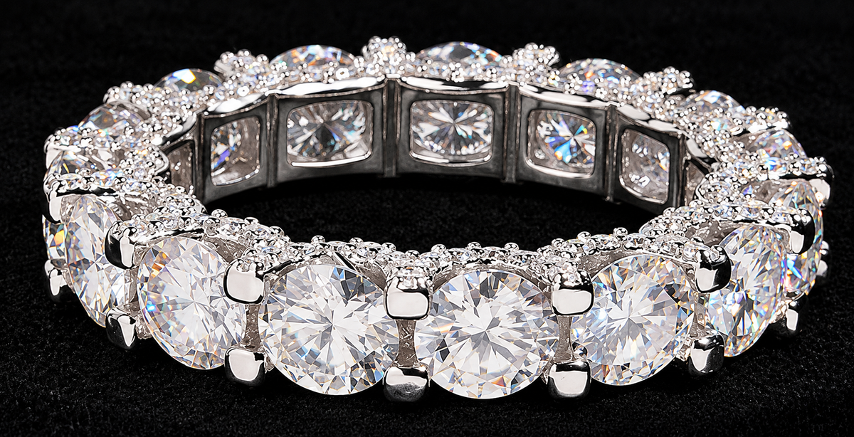 Round-Setting Moissanite Band on black velvet with clear stone detail