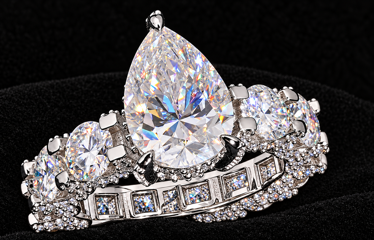Teardrop Center Halo-Band Moissanite Ring on black velvet with clear stone detail