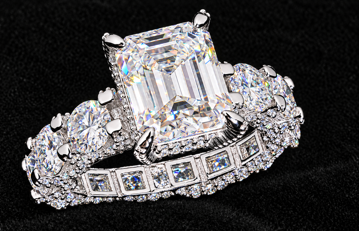 Rectangle Center Halo-Band Moissanite Ring on black velvet with clear stone detail