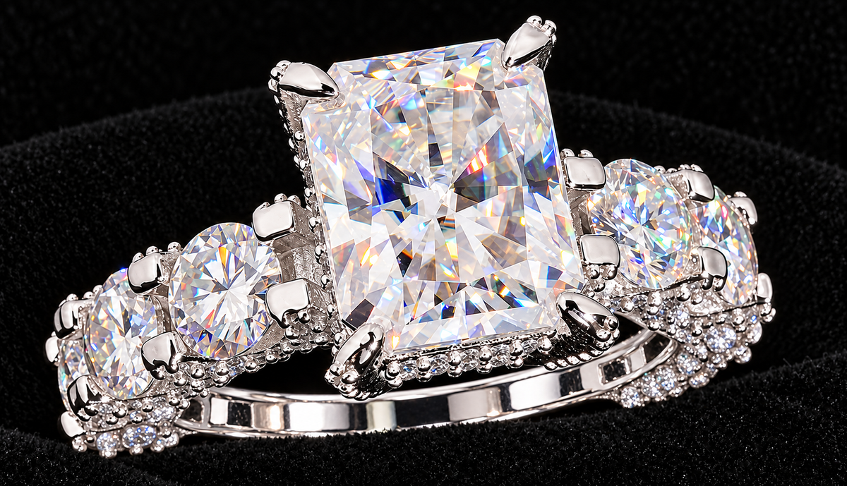 Tall Rectangle Center Halo-Band Moissanite Ring on black velvet with clear stone detail