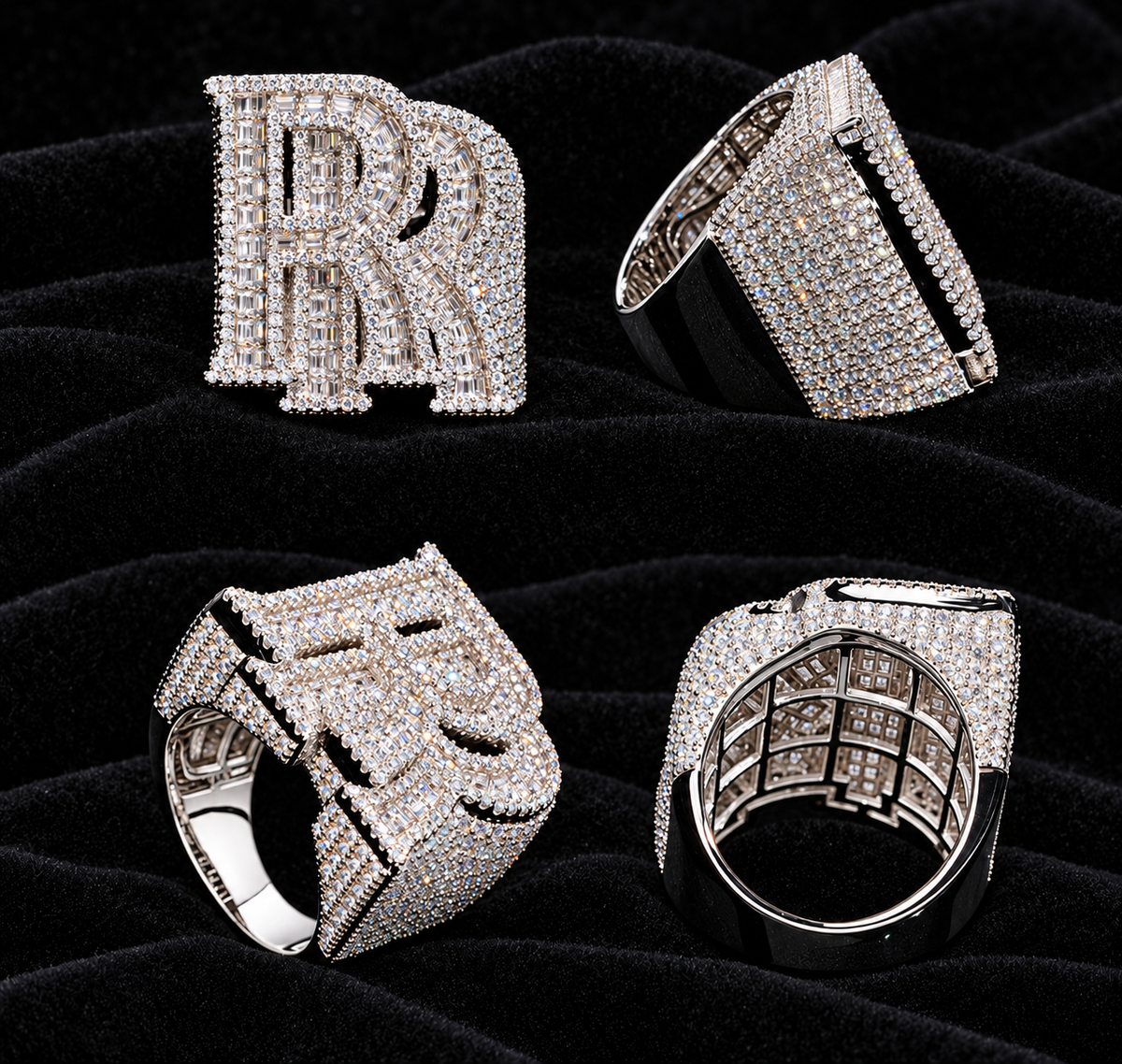 Letter-Motif Moissanite Ring on black velvet with clear stone detail