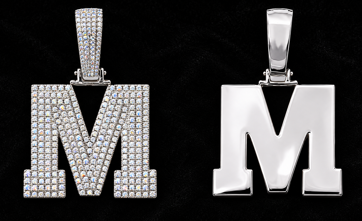 Block Initial Moissanite Pendant on black velvet with clear stone detail