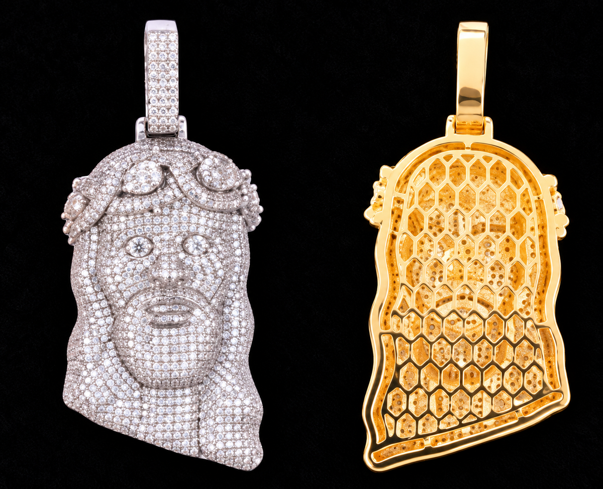 Draped Crown Jesus Moissanite Pendant on a black velvet background
