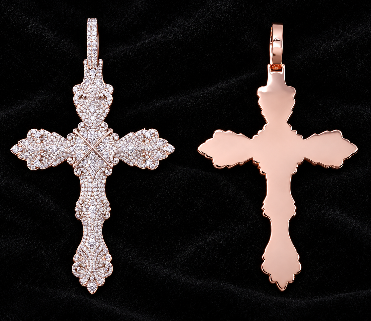 Scroll-Tip Cross Moissanite Pendant on a black velvet background