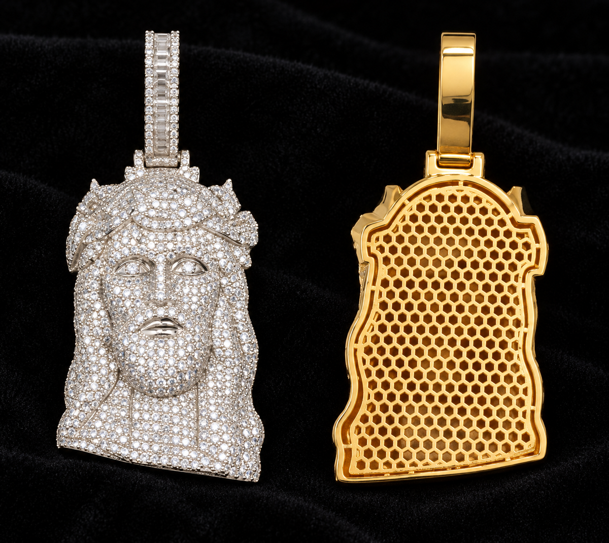 Long-Profile Jesus Moissanite Pendant on a black velvet background