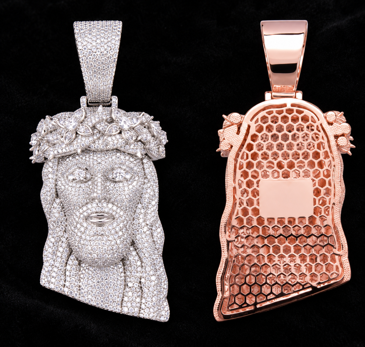 Statement Jesus Moissanite Pendant on a black velvet background