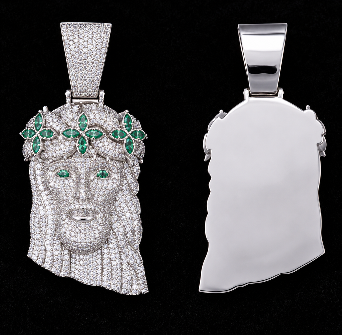 Accent Crown Jesus Moissanite Pendant on a black velvet background